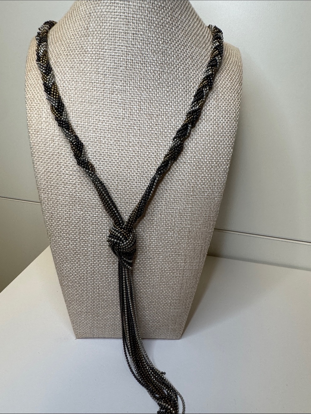 Beaded Knot Lariat Necklace in Black, Silver and Gold Chain